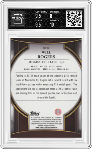 Will Rogers from the 2022 Bowman University Chrome set graded by Arena Club and given an overall grade of 8.5.