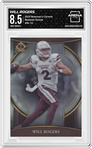 Will Rogers from the 2022 Bowman University Chrome set graded by Arena Club and given an overall grade of 8.5.