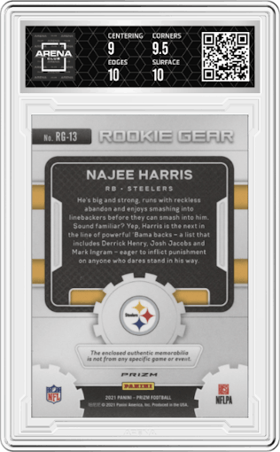 Najee Harris from the 2021 Panini Prizm set featuring a Neon Green Pulsar parallel graded by Arena Club and given an overall grade of 9.5.