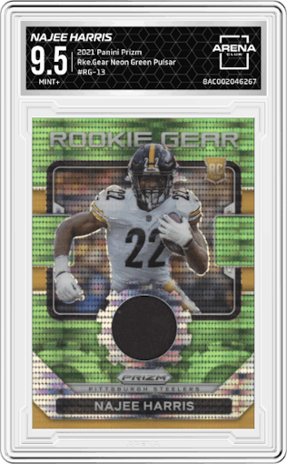 Najee Harris from the 2021 Panini Prizm set featuring a Neon Green Pulsar parallel graded by Arena Club and given an overall grade of 9.5.