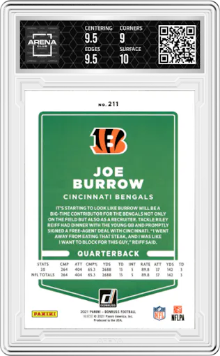 Joe Burrow from the 2021 Panini Donruss set featuring a Press Proof Red parallel graded by Arena Club and given an overall grade of 9.5.