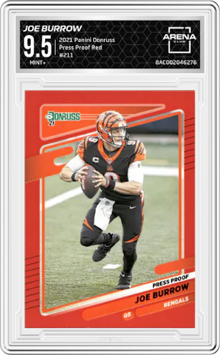 Joe Burrow from the 2021 Panini Donruss set featuring a Press Proof Red parallel graded by Arena Club and given an overall grade of 9.5.