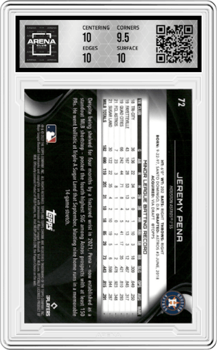 Jeremy Pena  from the 2022 Topps Chrome Black set graded by Arena Club and given an overall grade of 10.