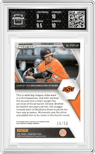 Christian Encarnacion-Strand from the 2021 Panini Prizm Draft Picks set featuring a Neon Orange Prizm parallel graded by Arena Club and given an overall grade of 9.5.