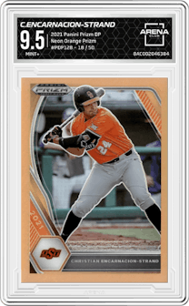 Christian Encarnacion-Strand from the 2021 Panini Prizm Draft Picks set featuring a Neon Orange Prizm parallel graded by Arena Club and given an overall grade of 9.5.