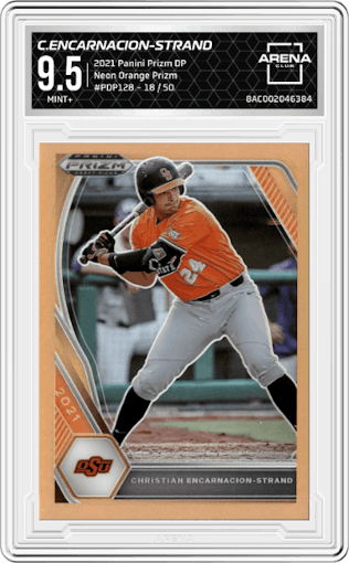 Christian Encarnacion-Strand from the 2021 Panini Prizm Draft Picks set featuring a Neon Orange Prizm parallel graded by Arena Club and given an overall grade of 9.5.