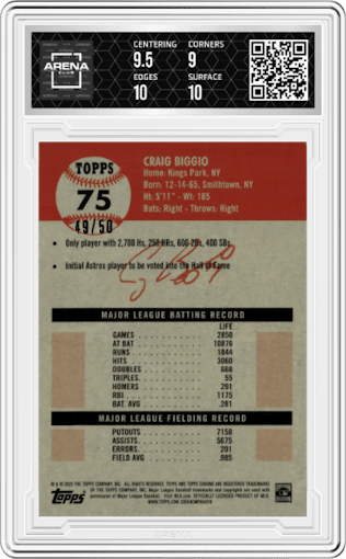 Craig Biggio from the 2022 Topps Chrome Platinum Anniversary set featuring a Gold Wave Refractor parallel graded by Arena Club and given an overall grade of 9.5.