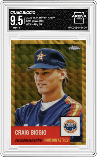 Craig Biggio from the 2022 Topps Chrome Platinum Anniversary set featuring a Gold Wave Refractor parallel graded by Arena Club and given an overall grade of 9.5.