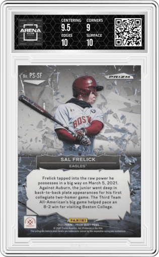 Sal Frelick from the 2021 Panini Prizm Draft Picks set featuring a Gold Prizm  parallel graded by Arena Club and given an overall grade of 9.5.