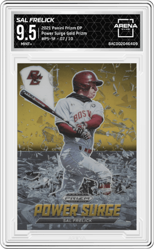 Sal Frelick from the 2021 Panini Prizm Draft Picks set featuring a Gold Prizm  parallel graded by Arena Club and given an overall grade of 9.5.