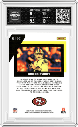 Brock Purdy from the 2022 Panini Chronicles set graded by Arena Club and given an overall grade of 9.5.