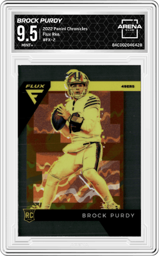 Brock Purdy from the 2022 Panini Chronicles set graded by Arena Club and given an overall grade of 9.5.