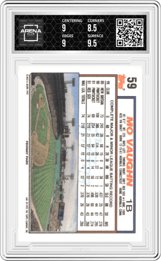 Mo Vaughn from the 2023 Topps Archives Signature Series Retired Player Edition set graded by Arena Club and given an overall grade of 9.
