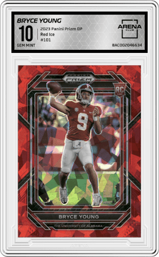 Bryce Young from the 2023 Panini Prizm Draft Picks set featuring a Red Ice parallel graded by Arena Club and given an overall grade of 10.
