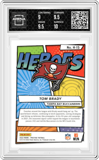 Tom Brady from the 2022 Panini Prestige set graded by Arena Club and given an overall grade of 9.5.