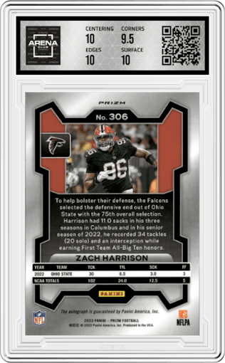 Zach Harrison from the 2023 Panini Prizm set featuring a Pink Prizm parallel graded by Arena Club and given an overall grade of 10.