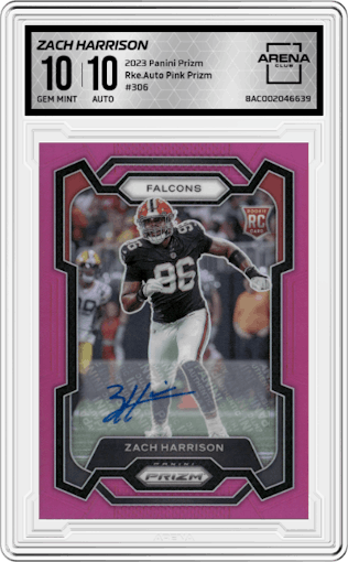 Zach Harrison from the 2023 Panini Prizm set featuring a Pink Prizm parallel graded by Arena Club and given an overall grade of 10.