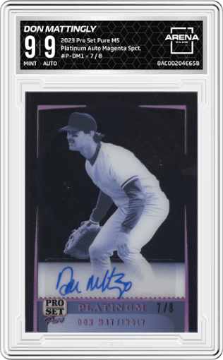 Don Mattingly from the 2023 Pro Set Pure Multi-Sport set featuring a Magenta Spectrum  parallel graded by Arena Club and given an overall grade of 9.