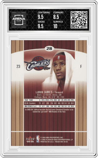 LeBron James from the 2004-05 SkyBox Fresh Ink set graded by Arena Club and given an overall grade of 9.
