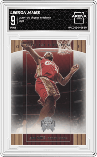 LeBron James from the 2004-05 SkyBox Fresh Ink set graded by Arena Club and given an overall grade of 9.