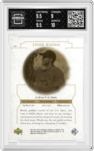 Tiger Woods from the 2001 Upper Deck set graded by Arena Club and given an overall grade of 9.5.