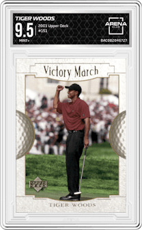 Tiger Woods from the 2001 Upper Deck set graded by Arena Club and given an overall grade of 9.5.