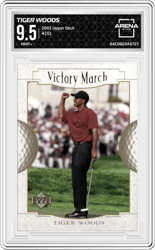 Tiger Woods from the 2001 Upper Deck set graded by Arena Club and given an overall grade of 9.5.
