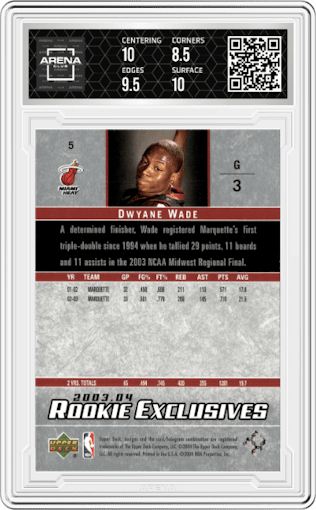 Dwyane Wade from the 2003-04 Upper Deck Rookie Exclusives set graded by Arena Club and given an overall grade of 9.