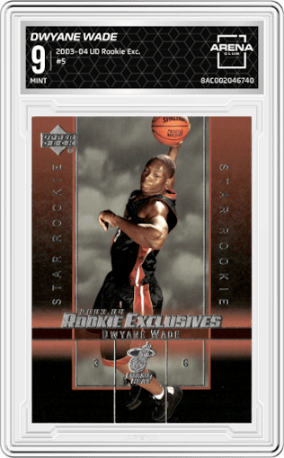 Dwyane Wade from the 2003-04 Upper Deck Rookie Exclusives set graded by Arena Club and given an overall grade of 9.