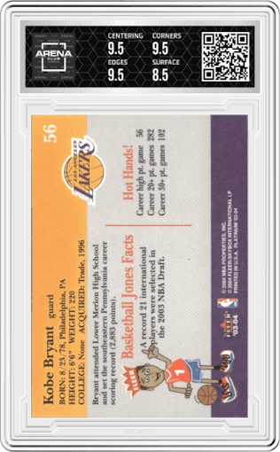 Kobe Bryant from the 2003-04 Fleer Platinum set graded by Arena Club and given an overall grade of 9.