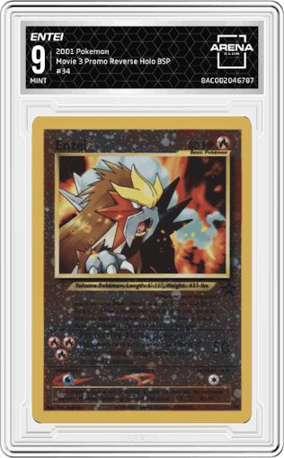 Entei from the 2001 Pokemon set graded by Arena Club and given an overall grade of 9.