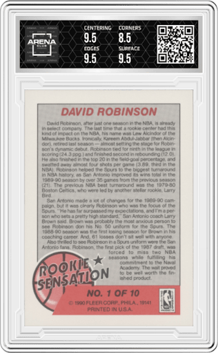 David Robinson from the 1990-91 Fleer set graded by Arena Club and given an overall grade of 9.