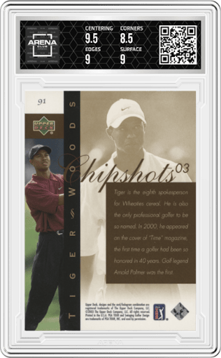 Tiger Woods from the 2003 Upper Deck set graded by Arena Club and given an overall grade of 9.
