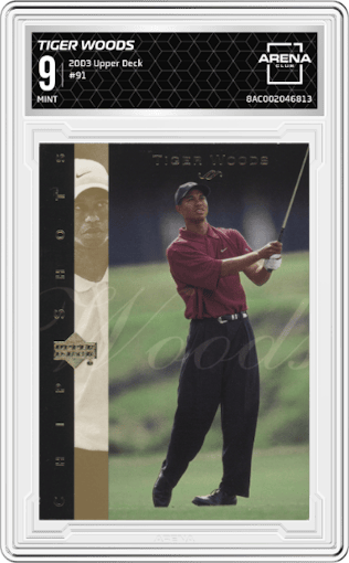 Tiger Woods from the 2003 Upper Deck set graded by Arena Club and given an overall grade of 9.