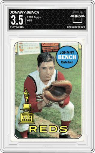 Johnny Bench from the 1969 Topps set graded by Arena Club and given an overall grade of 3.5.