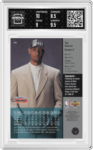 Tim Duncan from the 1997-98 Upper Deck set graded by Arena Club and given an overall grade of 9.