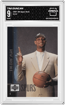 Tim Duncan from the 1997-98 Upper Deck set graded by Arena Club and given an overall grade of 9.