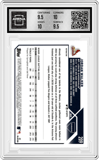 Jordan Walker from the 2023 Topps Chrome set featuring a Refractor parallel graded by Arena Club and given an overall grade of 10.