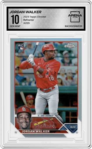 Jordan Walker from the 2023 Topps Chrome set featuring a Refractor parallel graded by Arena Club and given an overall grade of 10.