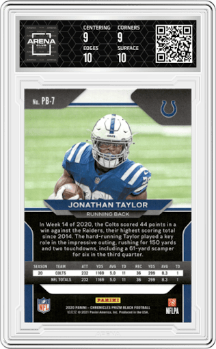 Jonathan Taylor from the 2020 Panini Chronicles set graded by Arena Club and given an overall grade of 9.5.