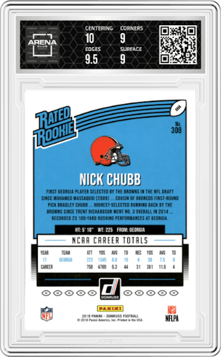 Nick Chubb from the 2018 Panini Donruss set graded by Arena Club and given an overall grade of 9.5.