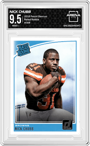 Nick Chubb from the 2018 Panini Donruss set graded by Arena Club and given an overall grade of 9.5.