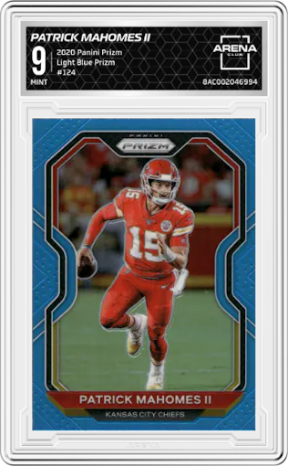 Patrick Mahomes II from the 2020 Panini Prizm set featuring a Light Blue Prizm parallel graded by Arena Club and given an overall grade of 9.