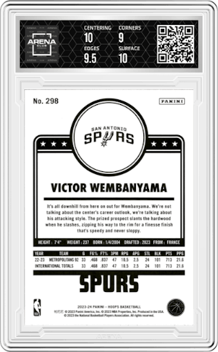 Victor Wembanyama from the 2023-24 Panini NBA Hoops set graded by Arena Club and given an overall grade of 9.5.