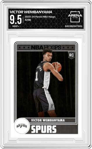 Victor Wembanyama from the 2023-24 Panini NBA Hoops set graded by Arena Club and given an overall grade of 9.5.