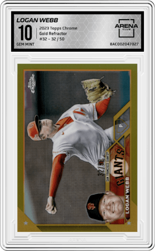 Logan Webb from the 2023 Topps Chrome set featuring a Gold Refractor parallel graded by Arena Club and given an overall grade of 10.