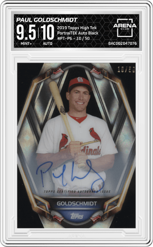 Paul Goldschmidt from the 2019 Topps High Tek set featuring a Black parallel graded by Arena Club and given an overall grade of 9.5.