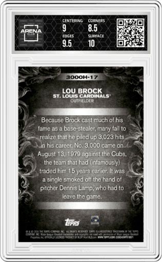 Lou Brock from the 2020 Topps Archives Signature Series Retired Player Edition set graded by Arena Club and given an overall grade of 9.