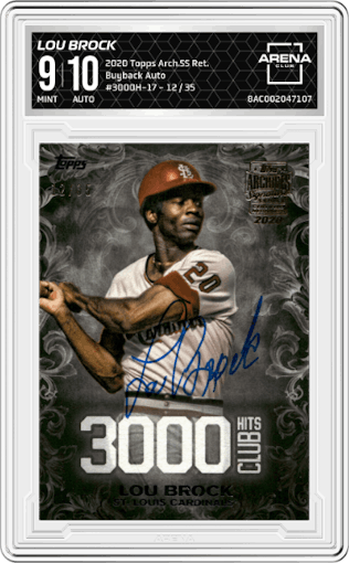 Lou Brock from the 2020 Topps Archives Signature Series Retired Player Edition set graded by Arena Club and given an overall grade of 9.