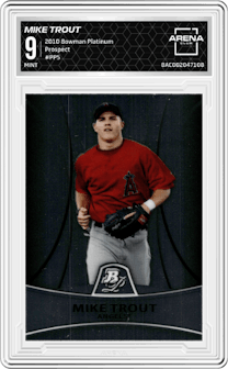 Mike Trout from the 2010 Bowman Platinum set graded by Arena Club and given an overall grade of 9.